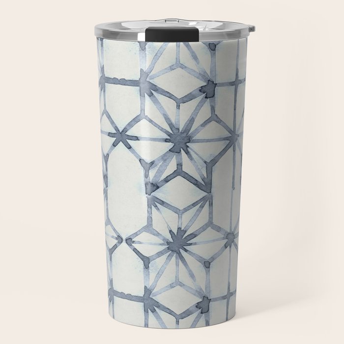 Simply Shibori Stars in Indigo Blue on Lunar Gray Travel Mug Gallery Image 1