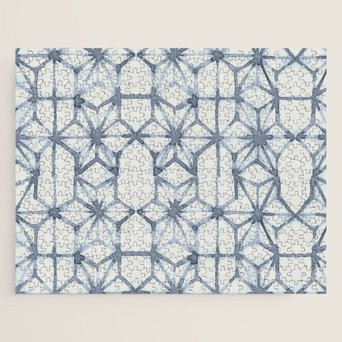 Simply Shibori Stars in Indigo Blue on Lunar Gray Jigsaw Puzzle Gallery Image 1