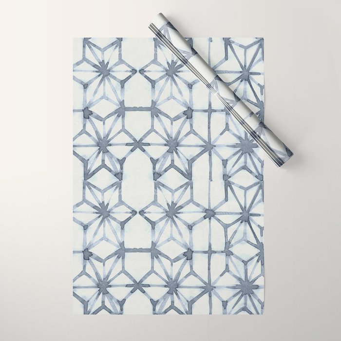 Simply Shibori Stars in Indigo Blue on Lunar Gray Wrapping Paper Gallery Image 1