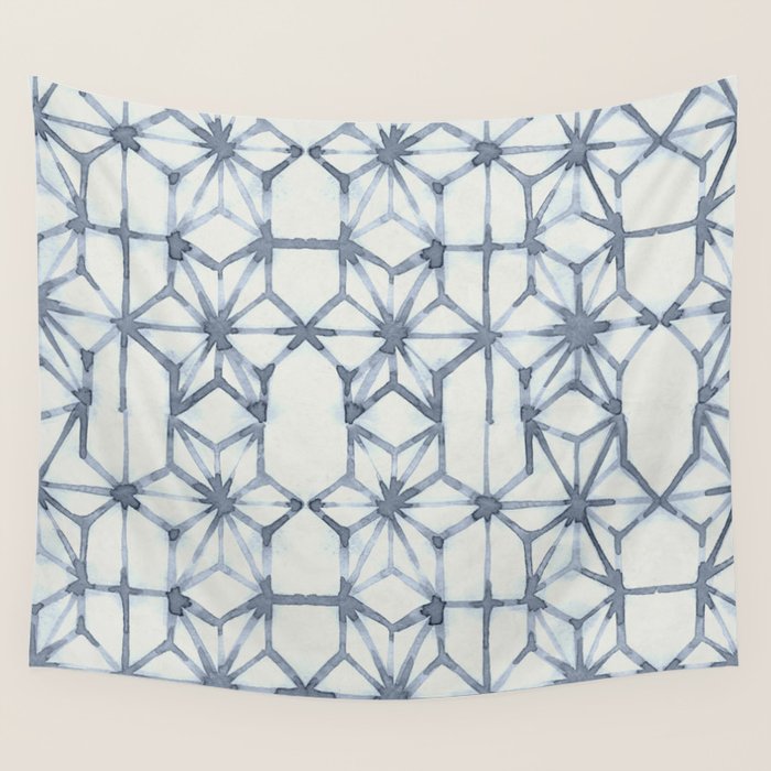 Simply Shibori Stars in Indigo Blue on Lunar Gray Wall Tapestry Gallery Image 1