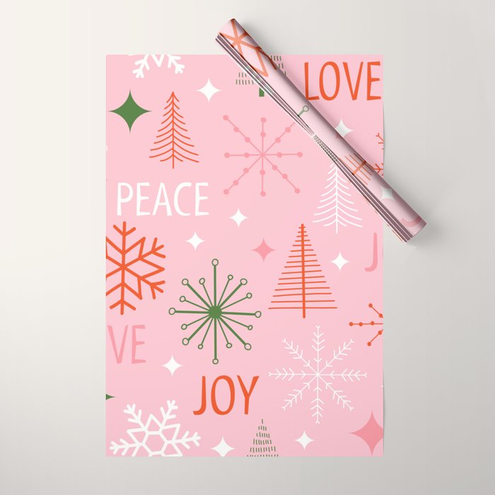 Mid-Century Christmas Peace Love Joy Pattern Pink Wrapping Paper Gallery Image 1