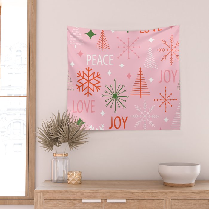 Mid-Century Christmas Peace Love Joy Pattern Pink Wall Tapestry Gallery Image 2
