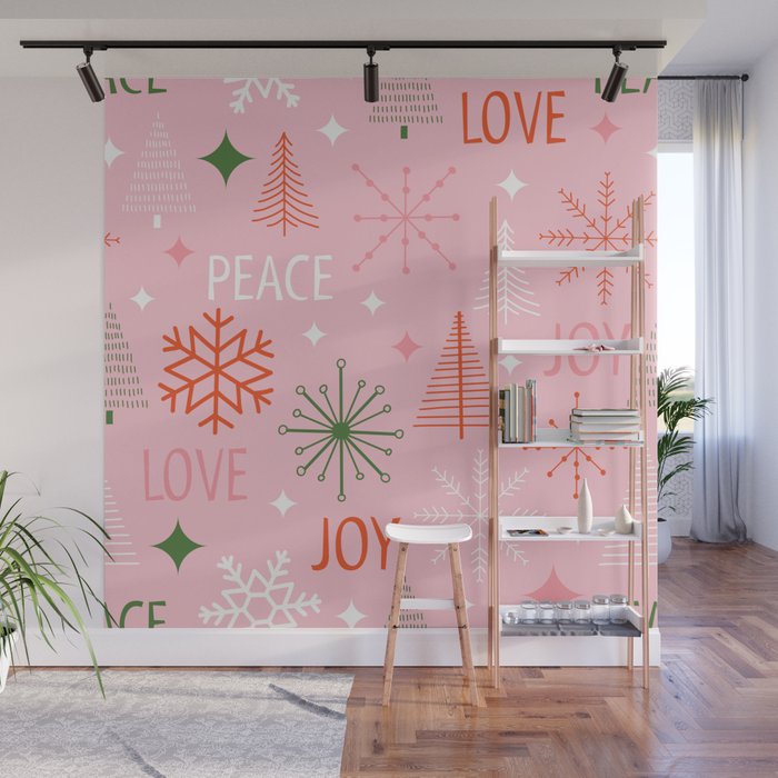 Mid-Century Christmas Peace Love Joy Pattern Pink Wall Mural Gallery Image 1