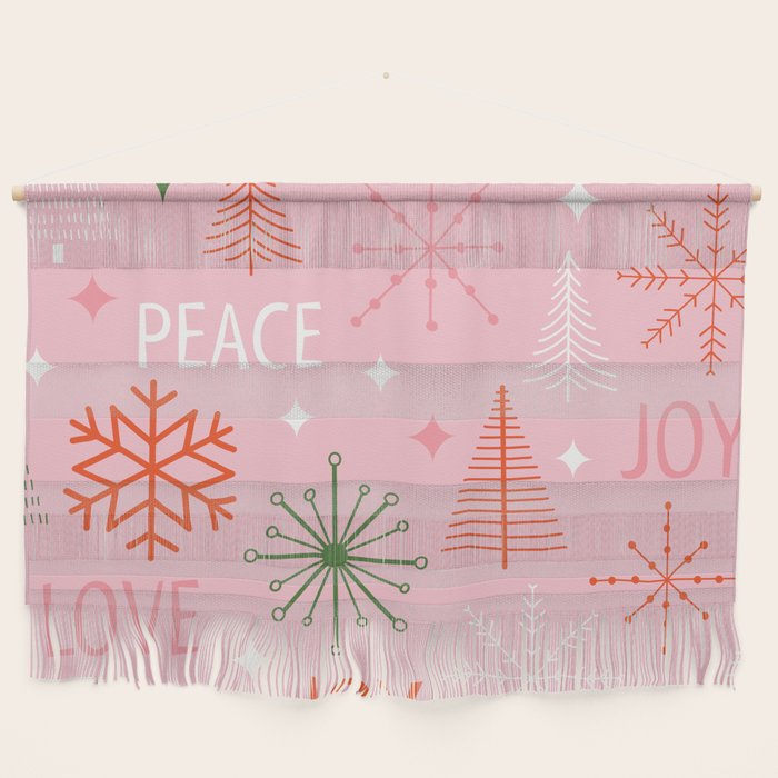 Mid-Century Christmas Peace Love Joy Pattern Pink Wall Hanging Gallery Image 1