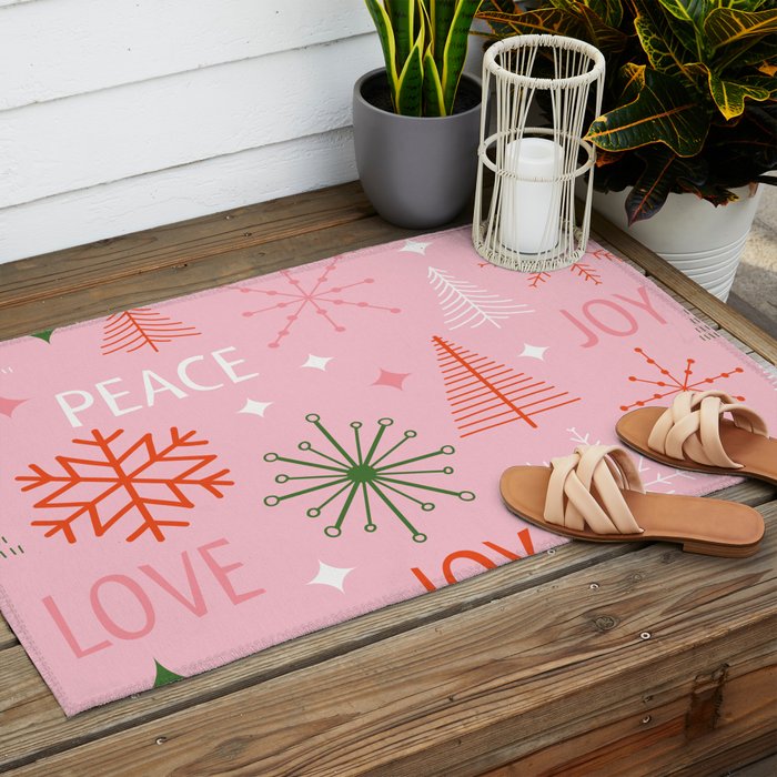 Mid-Century Christmas Peace Love Joy Pattern Pink Outdoor Rug Gallery Image 2