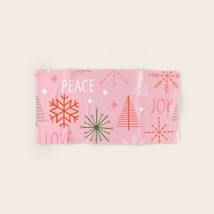 Mid-Century Christmas Peace Love Joy Pattern Pink Bath Towel Gallery Image 1