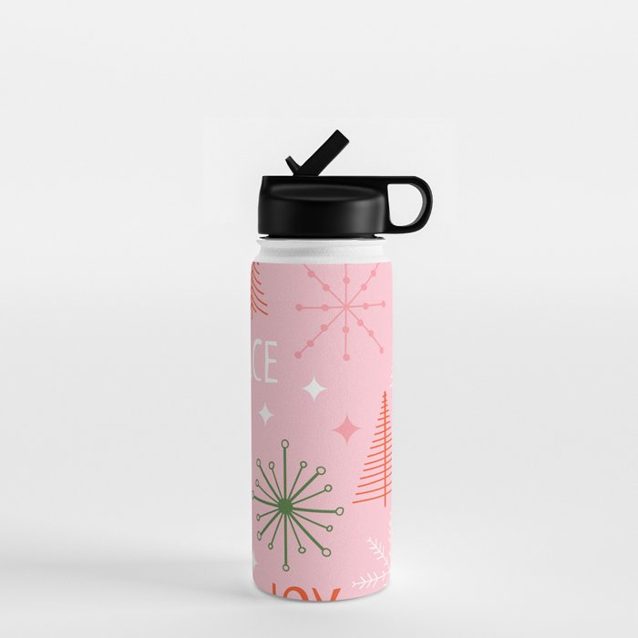 Mid-Century Christmas Peace Love Joy Pattern Pink Water Bottle Gallery Image 1
