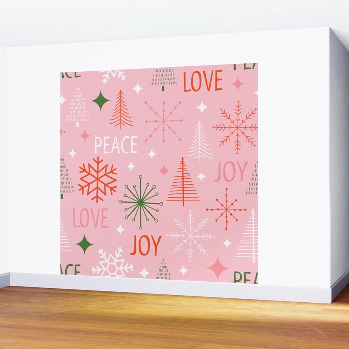Mid-Century Christmas Peace Love Joy Pattern Pink Wall Mural Gallery Image 2