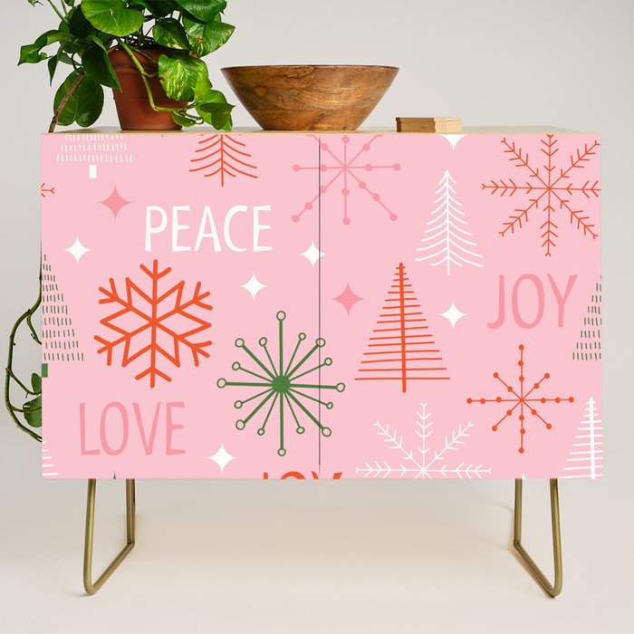Mid-Century Christmas Peace Love Joy Pattern Pink Credenza Gallery Image 1