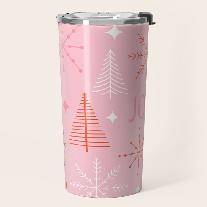 Mid-Century Christmas Peace Love Joy Pattern Pink Travel Mug Gallery Image 2