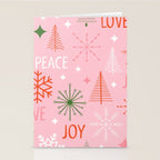 Mid-Century Christmas Peace Love Joy Pattern Pink Stationery Card Gallery Image 2