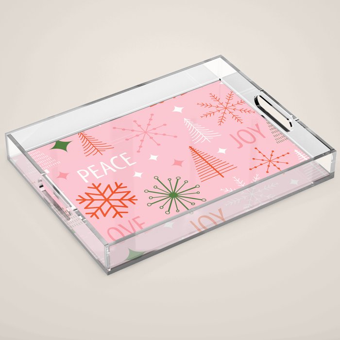 Mid-Century Christmas Peace Love Joy Pattern Pink Acrylic Tray Gallery Image 1