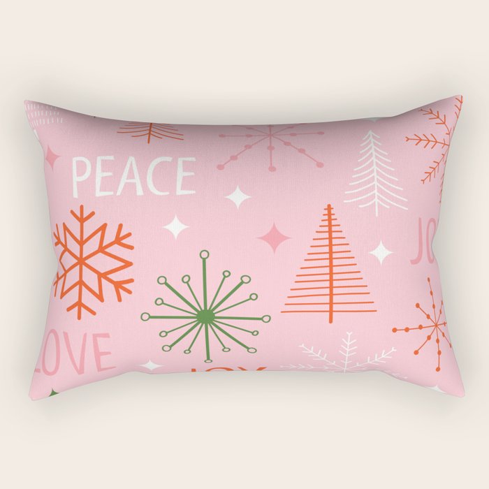 Mid-Century Christmas Peace Love Joy Pattern Pink Rectangular Pillow Gallery Image 2