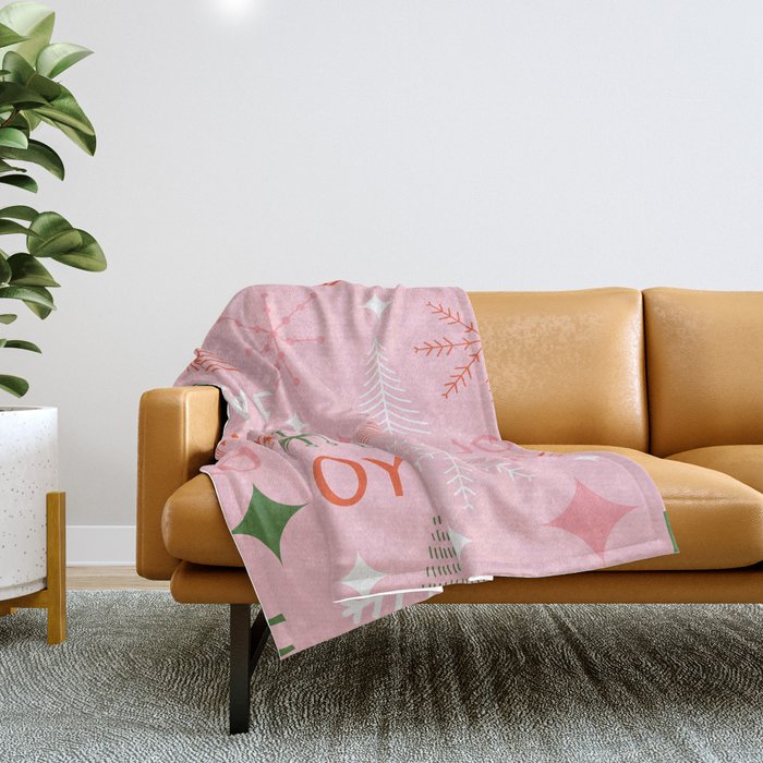 Mid-Century Christmas Peace Love Joy Pattern Pink Throw Blanket Gallery Image 1