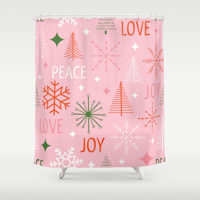 Mid-Century Christmas Peace Love Joy Pattern Pink Shower Curtain Gallery Image 1