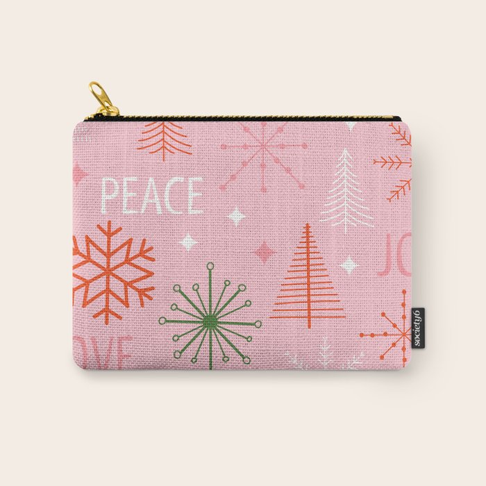 Mid-Century Christmas Peace Love Joy Pattern Pink Carry All Pouch Gallery Image 1