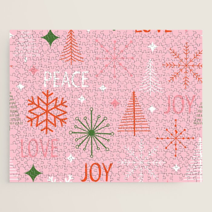 Mid-Century Christmas Peace Love Joy Pattern Pink Jigsaw Puzzle Gallery Image 1