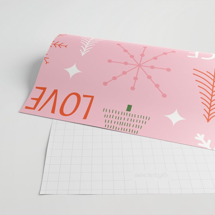 Mid-Century Christmas Peace Love Joy Pattern Pink Wrapping Paper Gallery Image 2