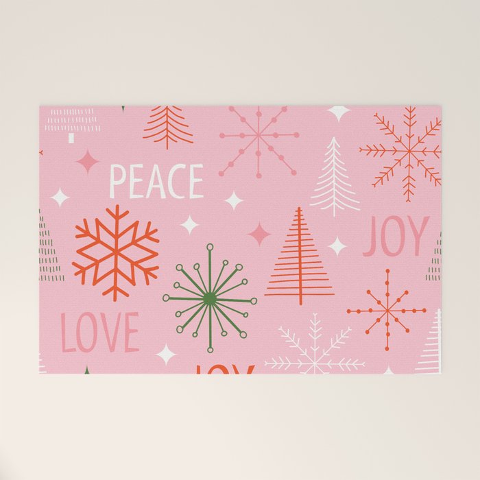 Mid-Century Christmas Peace Love Joy Pattern Pink Welcome Mat Gallery Image 1