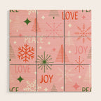 Mid-Century Christmas Peace Love Joy Pattern Pink Wood Wall Art Gallery Image 1
