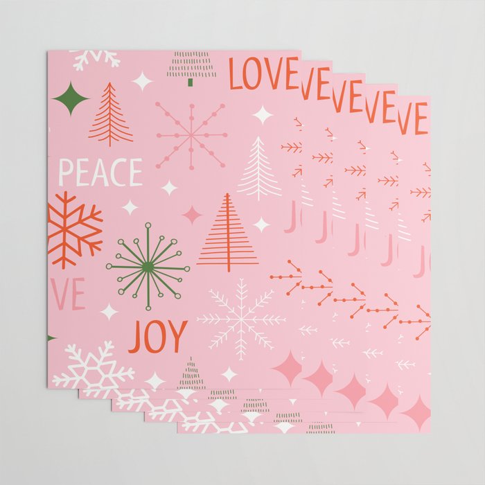 Mid-Century Christmas Peace Love Joy Pattern Pink Wrapping Paper Gallery Image 3