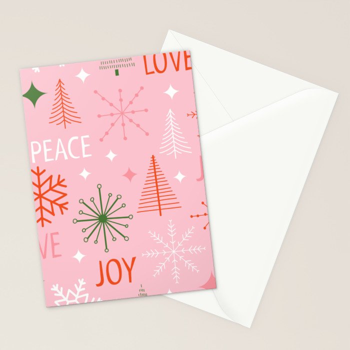Mid-Century Christmas Peace Love Joy Pattern Pink Stationery Card Gallery Image 2