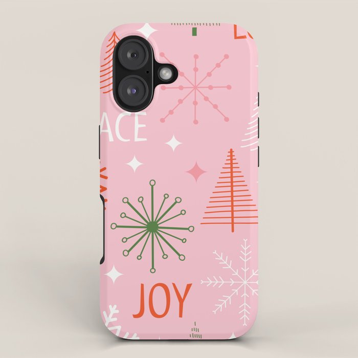 Mid-Century Christmas Peace Love Joy Pattern Pink iPhone Case Gallery Image 1