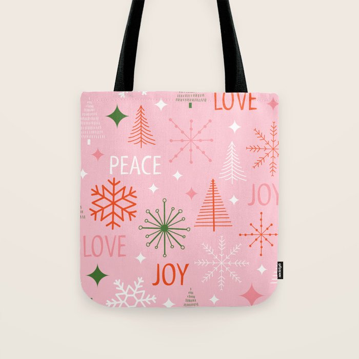Mid-Century Christmas Peace Love Joy Pattern Pink Tote Bag Gallery Image 1