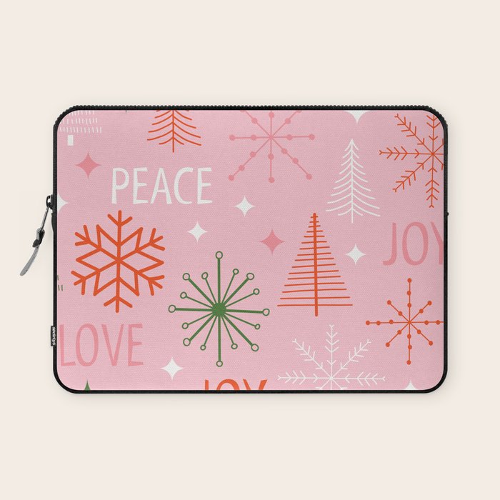 Mid-Century Christmas Peace Love Joy Pattern Pink Laptop Sleeve Gallery Image 1