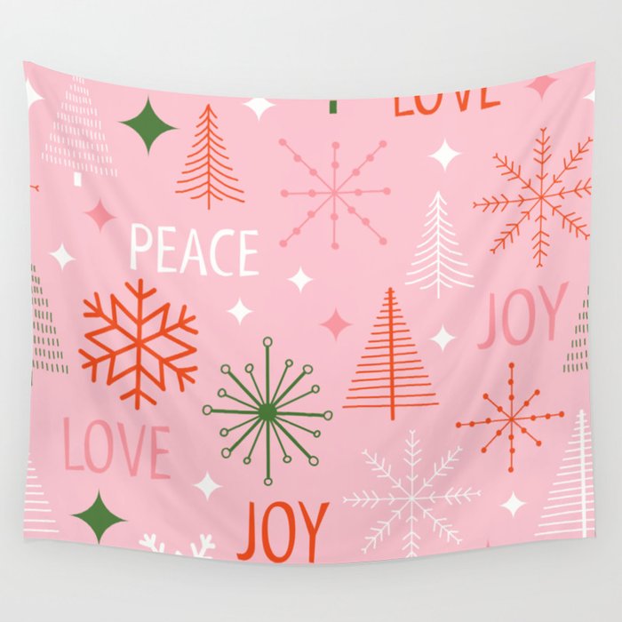 Mid-Century Christmas Peace Love Joy Pattern Pink Wall Tapestry Gallery Image 1