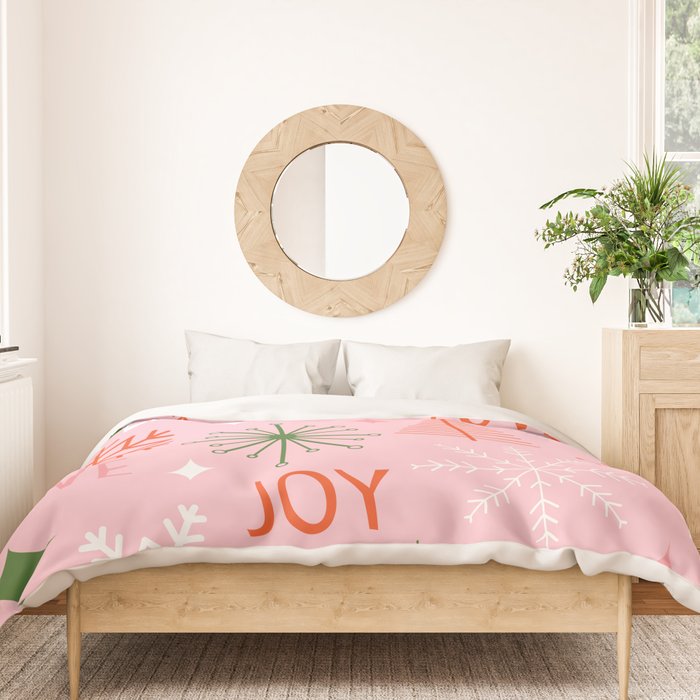 Mid-Century Christmas Peace Love Joy Pattern Pink Duvet Cover Gallery Image 3