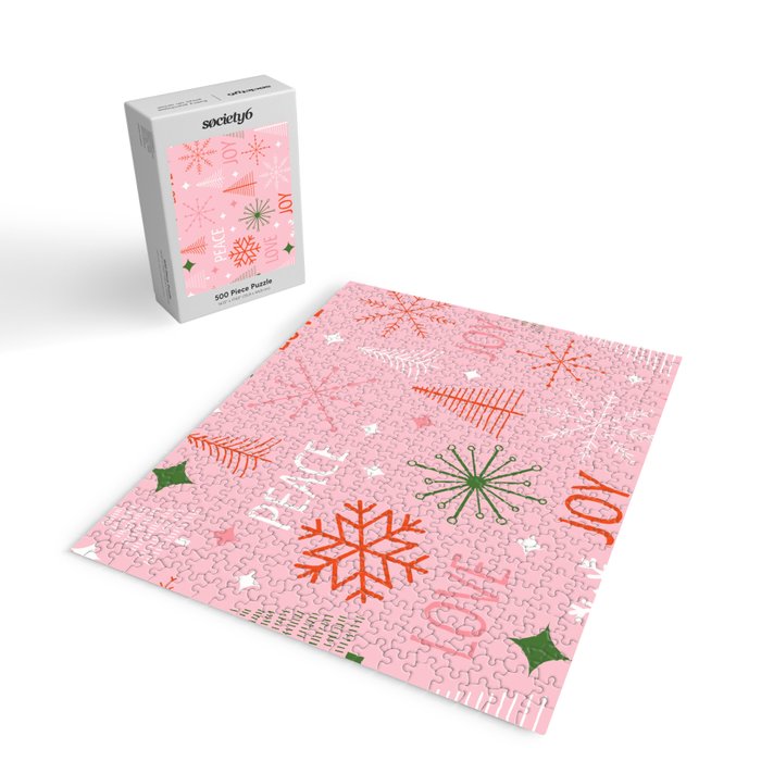 Mid-Century Christmas Peace Love Joy Pattern Pink Jigsaw Puzzle Gallery Image 2