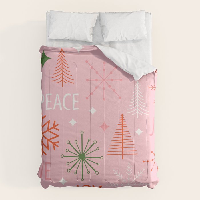 Mid-Century Christmas Peace Love Joy Pattern Pink Comforter Gallery Image 1