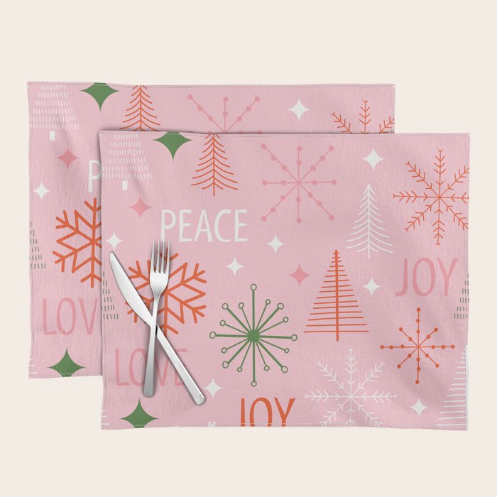 Mid-Century Christmas Peace Love Joy Pattern Pink Placemat Gallery Image 1