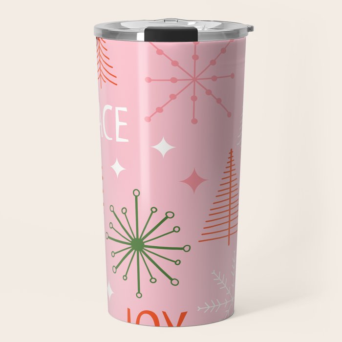 Mid-Century Christmas Peace Love Joy Pattern Pink Travel Mug Gallery Image 1