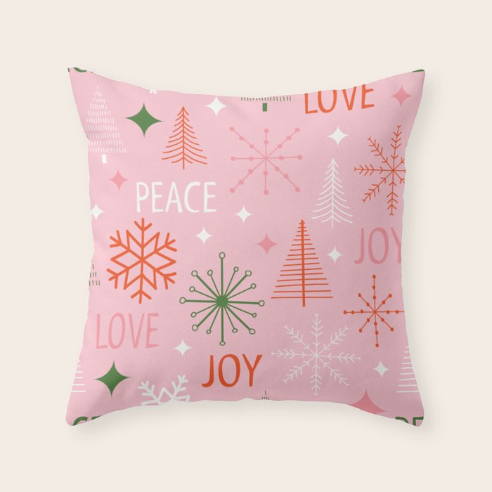 Mid-Century Christmas Peace Love Joy Pattern Pink Throw Pillow Gallery Image 6