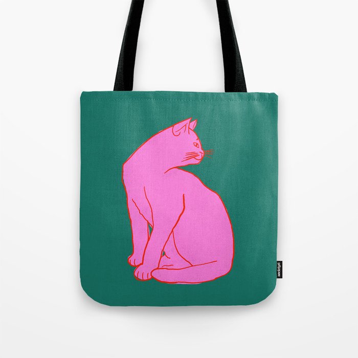 Pink Cat On Green Background Tote Bag Gallery Image 1