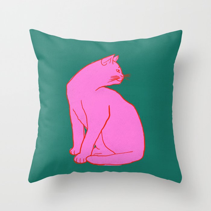 Pink Cat On Green Background Throw Pillow Gallery Image 6
