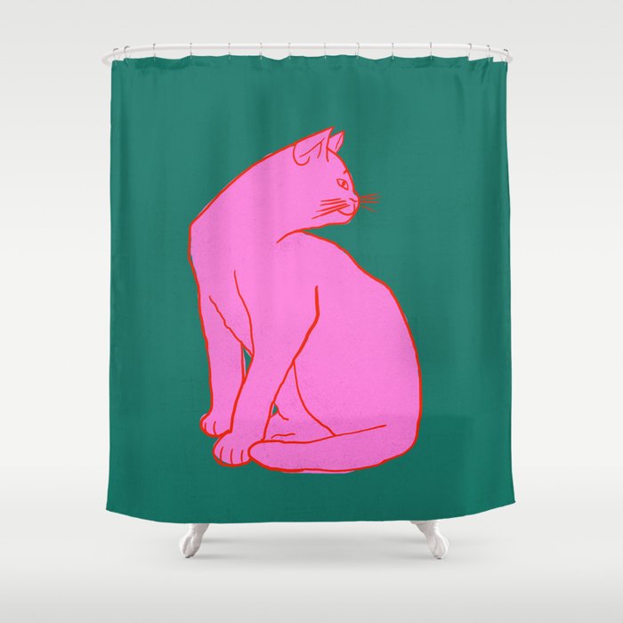 Pink Cat On Green Background Shower Curtain Gallery Image 1
