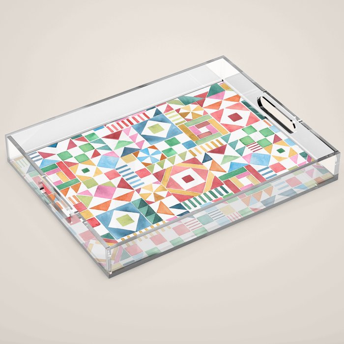 Christmas Geometric Patchwork Joy Watercolor Holiday Quilt Pattern Acrylic Tray Gallery Image 1