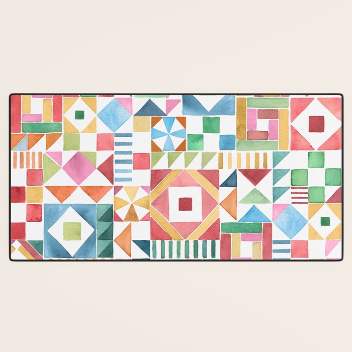 Christmas Geometric Patchwork Joy Watercolor Holiday Quilt Pattern Desk Mat Gallery Image 3
