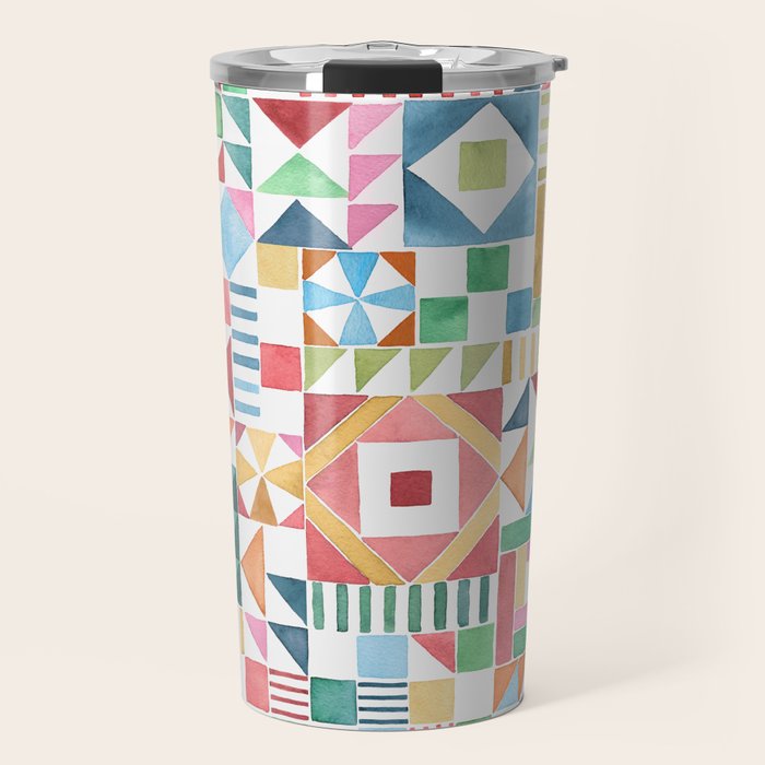 Christmas Geometric Patchwork Joy Watercolor Holiday Quilt Pattern Travel Mug Gallery Image 1