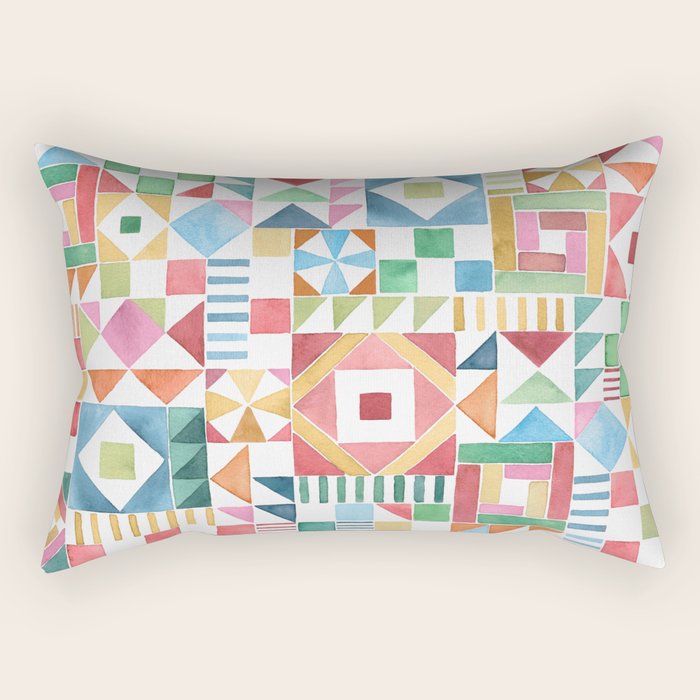 Christmas Geometric Patchwork Joy Watercolor Holiday Quilt Pattern Rectangular Pillow Gallery Image 1
