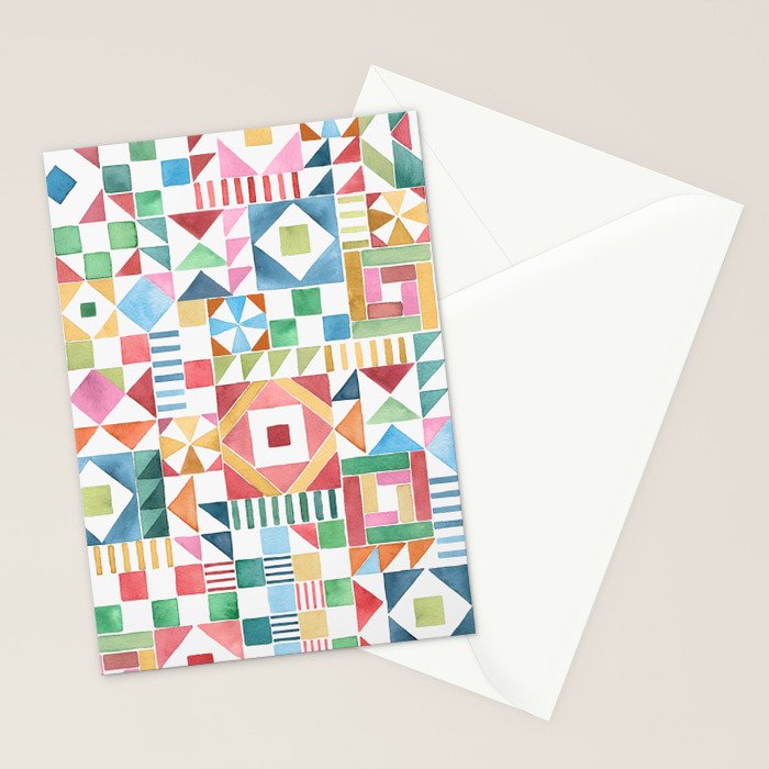 Christmas Geometric Patchwork Joy Watercolor Holiday Quilt Pattern Stationery Card Gallery Image 2