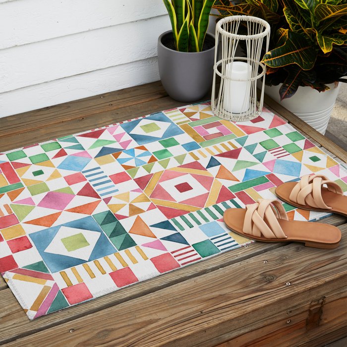 Christmas Geometric Patchwork Joy Watercolor Holiday Quilt Pattern Outdoor Rug Gallery Image 2