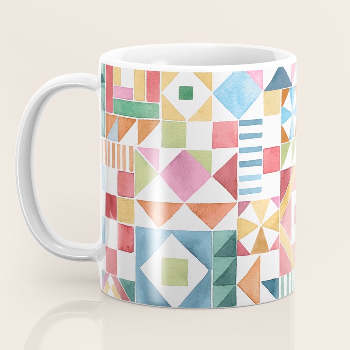 Christmas Geometric Patchwork Joy Watercolor Holiday Quilt Pattern Coffee Mug Gallery Image 3