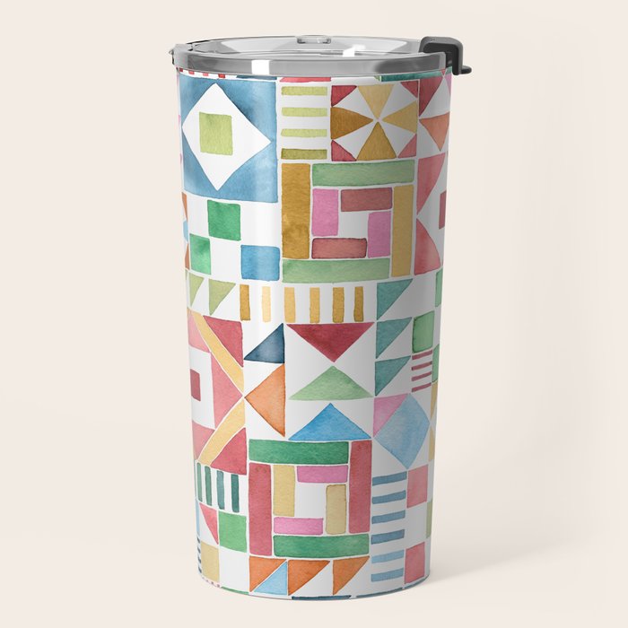 Christmas Geometric Patchwork Joy Watercolor Holiday Quilt Pattern Travel Mug Gallery Image 2