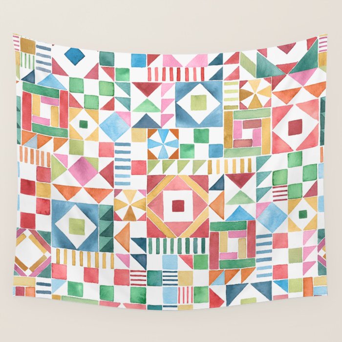 Christmas Geometric Patchwork Joy Watercolor Holiday Quilt Pattern Wall Tapestry Gallery Image 1