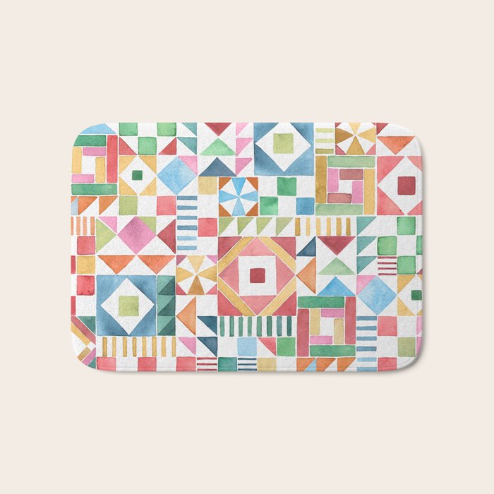 Christmas Geometric Patchwork Joy Watercolor Holiday Quilt Pattern Bath Mat Gallery Image 1