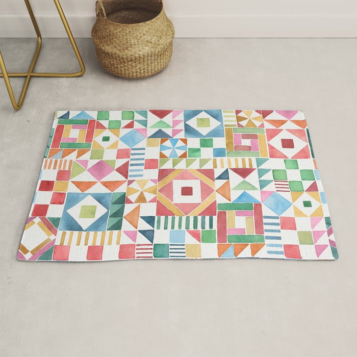 Christmas Geometric Patchwork Joy Watercolor Holiday Quilt Pattern Rug Gallery Image 1